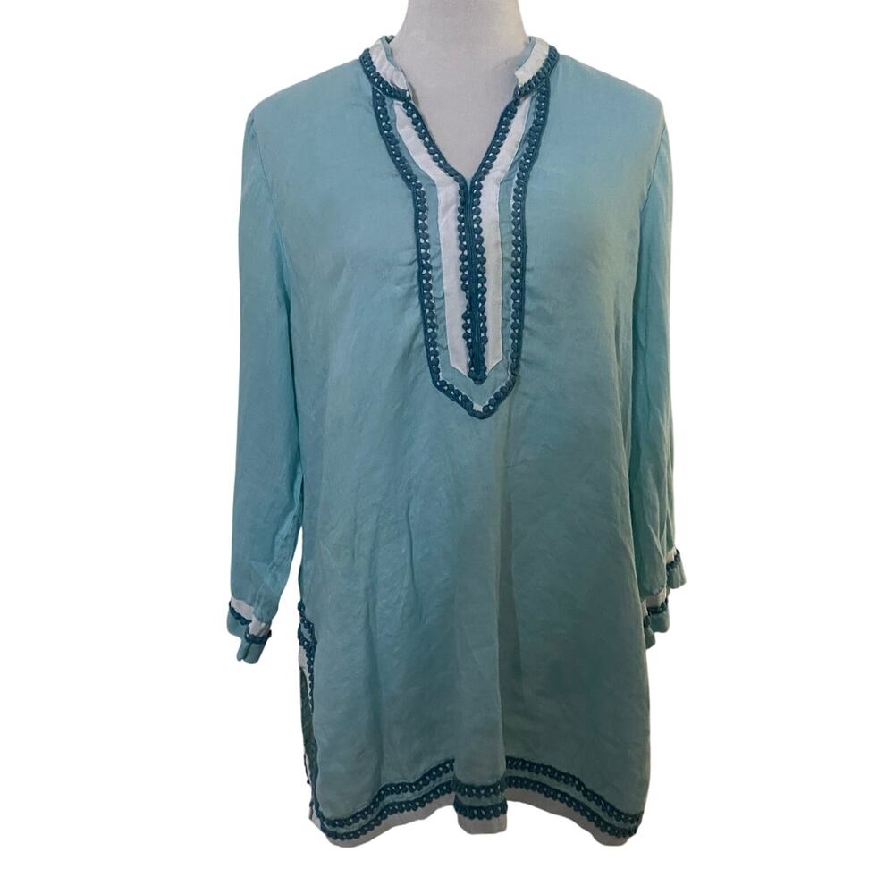 British India Classics Linen Tunic Size 13 Turquoise Blue Linen Top 3/4 Sleeves